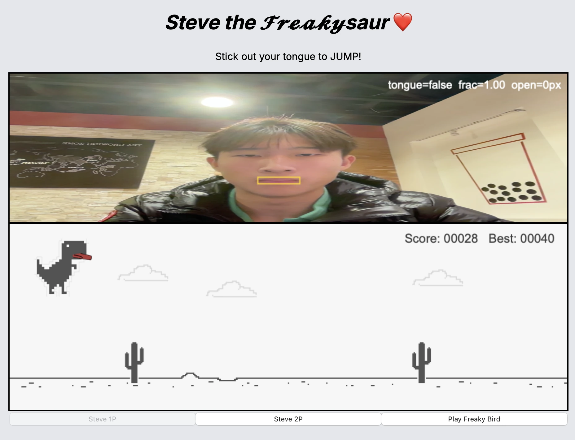 The web version of Steve the Freakysaur: my webcam with the mouth box drawn on it above the dinosaur game