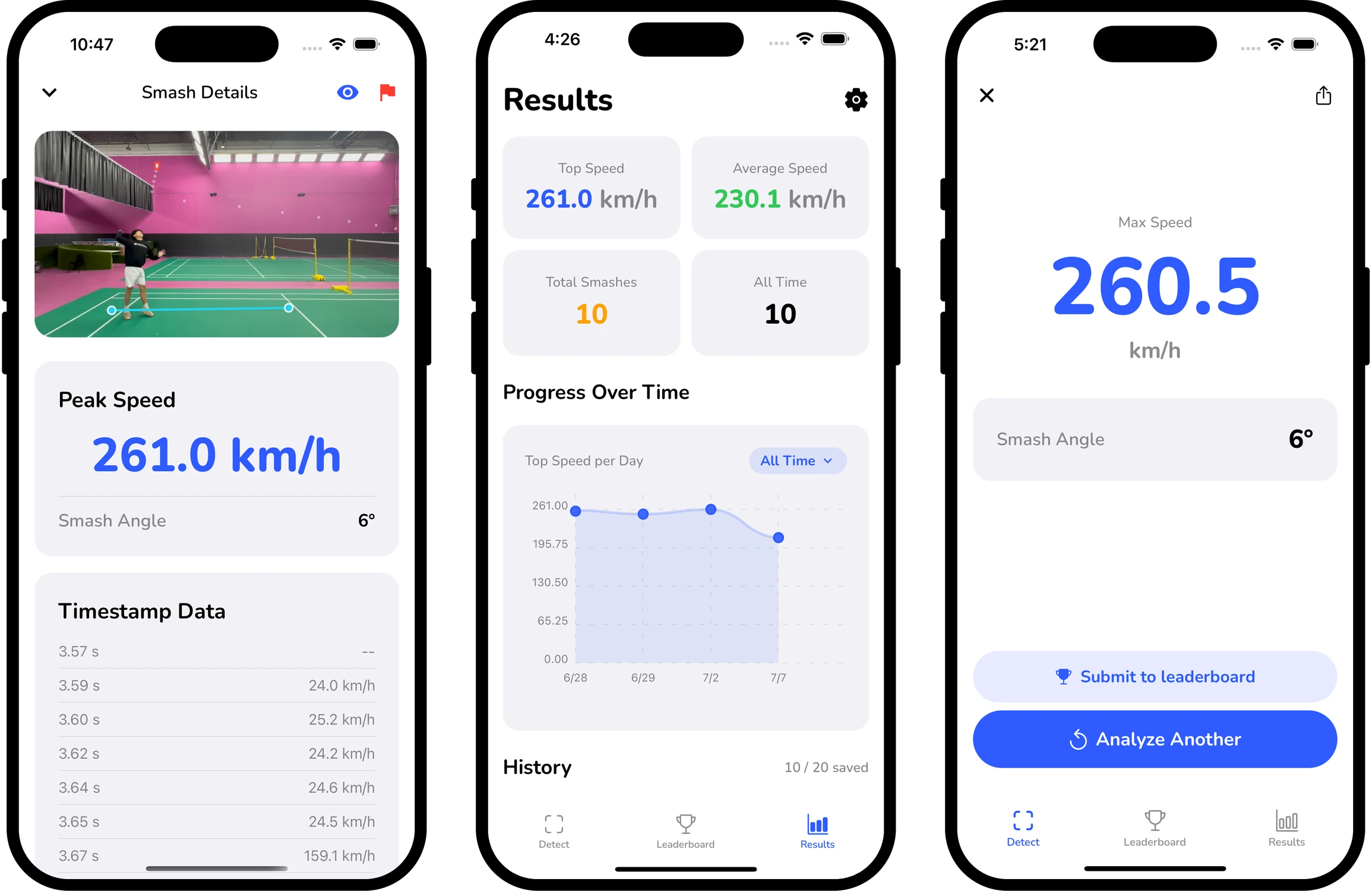 Smashspeed's detection, progress and result screens