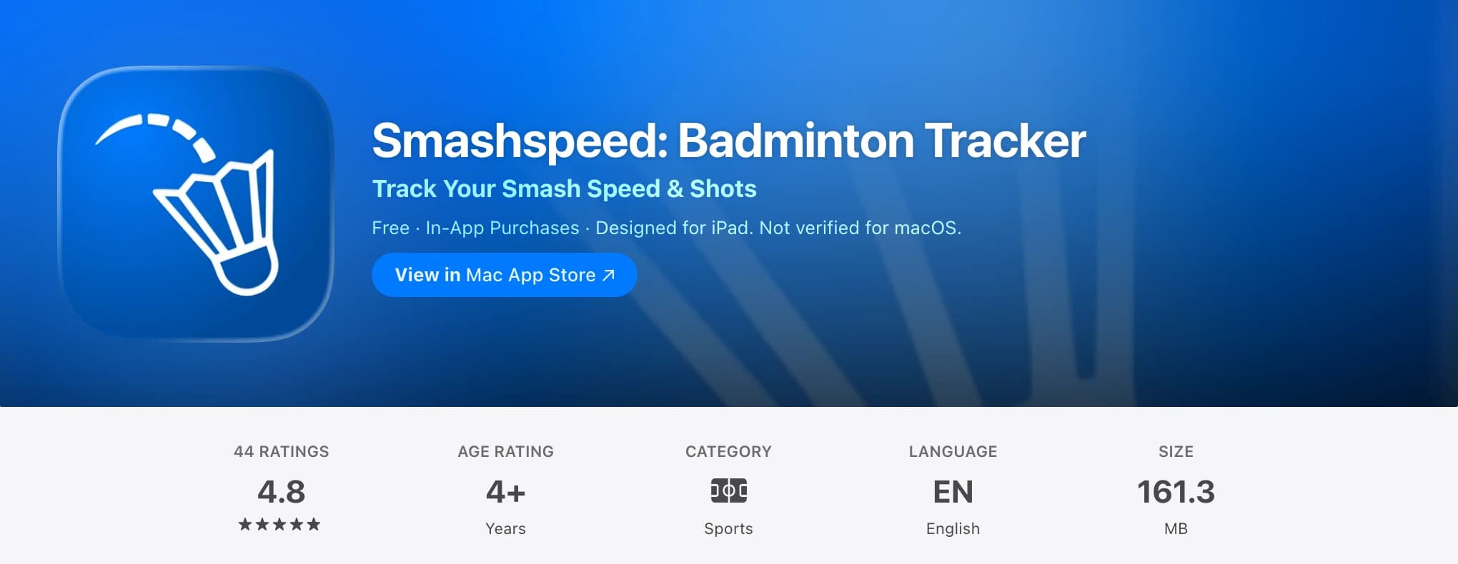 Smashspeed's App Store listing: 4.8 out of 5 from 44 ratings, in Sports