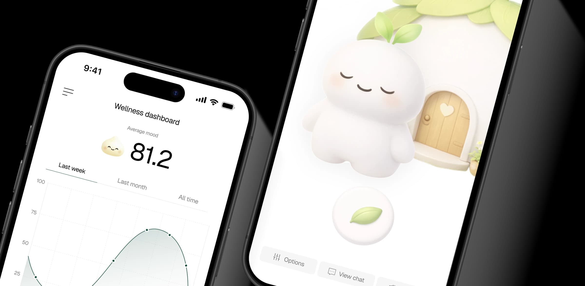 Solace's wellness dashboard and character on two iPhones