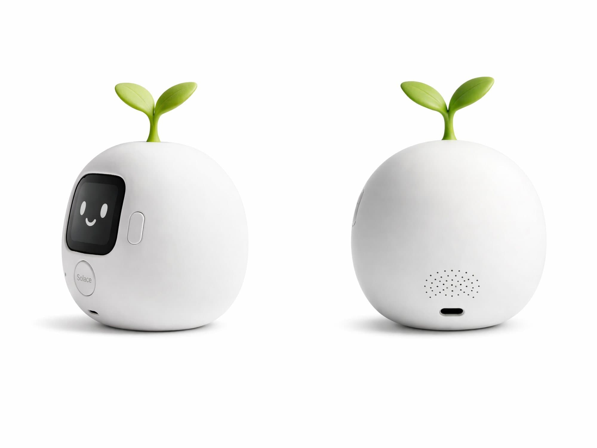 Solace Seed from the front and the back: OLED face, side rocker, speaker grille and USB-C